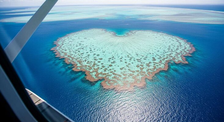 Ảnh chụp từ thủy phi cơ, nhìn xuống Rạn san hô Trái tim (Heart Reef) nổi tiếng tại Great Barrier Reef.
