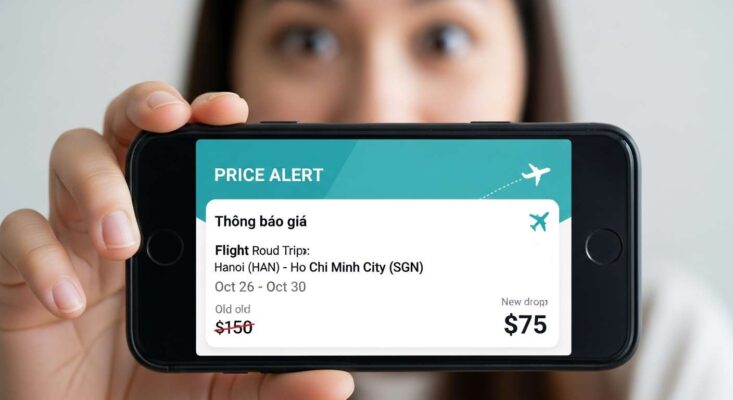 Điện thoại thông minh hiển thị "Thông báo giá" (Price Alert) vé máy bay đã giảm.