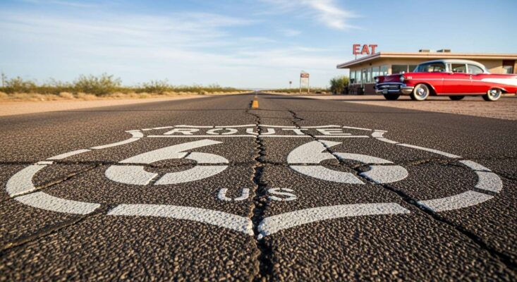 Biểu tượng "Route 66" được sơn trên mặt đường nhựa cũ, phía xa là quán ăn ven đường hoài cổ.