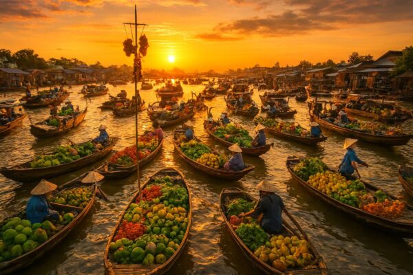Cảnh bình minh rực rỡ trên Chợ nổi Cái Răng với hàng trăm ghe thuyền tấp nập trao đổi, mua bán trái cây và hàng hóa.