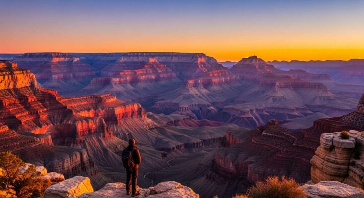 Du khách đứng ngắm bình minh hùng vĩ tại Grand Canyon, Arizona, với hẻm núi rực rỡ sắc màu.