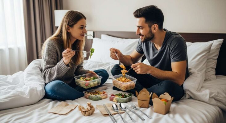 Cặp đôi du lịch dùng bộ dụng cụ ăn uống cá nhân để ăn đồ mua từ siêu thị trong phòng.