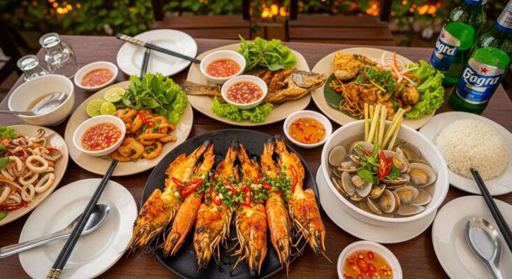Bàn ăn thịnh soạn với các món hải sản chế biến (tôm nướng, nghêu hấp) tại Đà Nẵng.