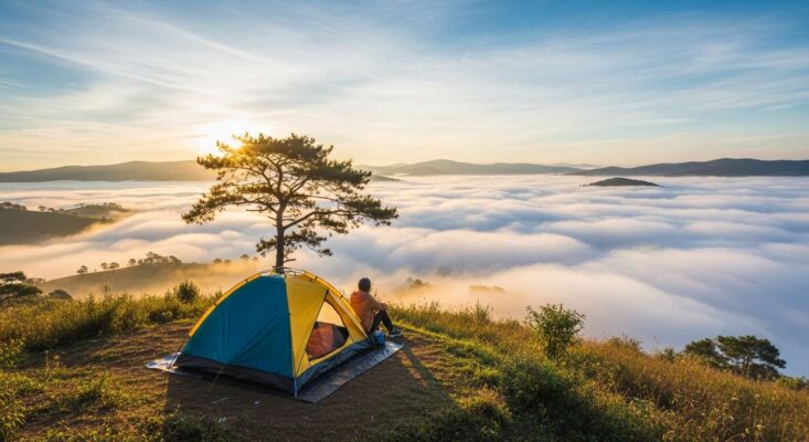Một chiếc lều cắm trại trên đỉnh Đồi Đa Phú, Đà Lạt, phía dưới là biển mây bồng bềnh lúc bình minh.