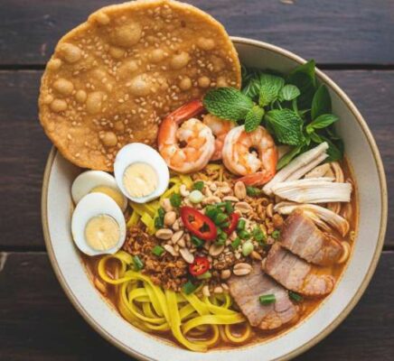 Cận cảnh một tô Mì Quảng Đà Nẵng hấp dẫn với sợi mì vàng óng, tôm, thịt, trứng cút, đậu phộng và bánh đa giòn.