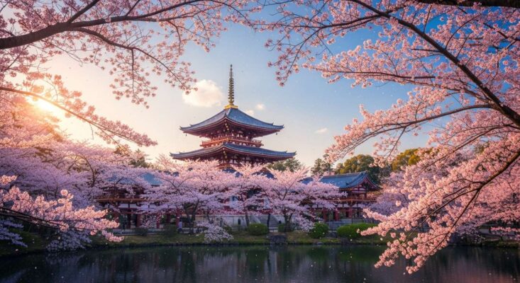 Vẻ đẹp Nhật Bản trong sắc hoa sakura và ngôi chùa cổ kính