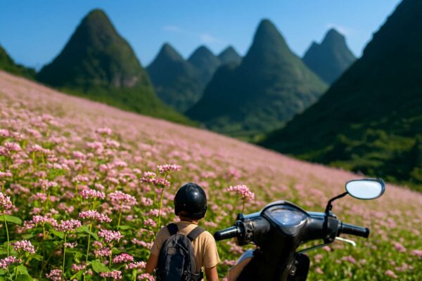 Một cánh đồng hoa tam giác mạch màu hồng rực rỡ trải dài trên sườn đồi ở Hà Giang, phía sau là những dãy núi đá vôi.