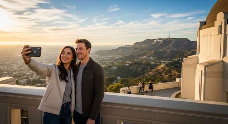 Cặp đôi trẻ chụp ảnh selfie tại Đài thiên văn Griffith, Los Angeles, với Biển báo Hollywood rõ nét phía sau dưới nắng vàng.