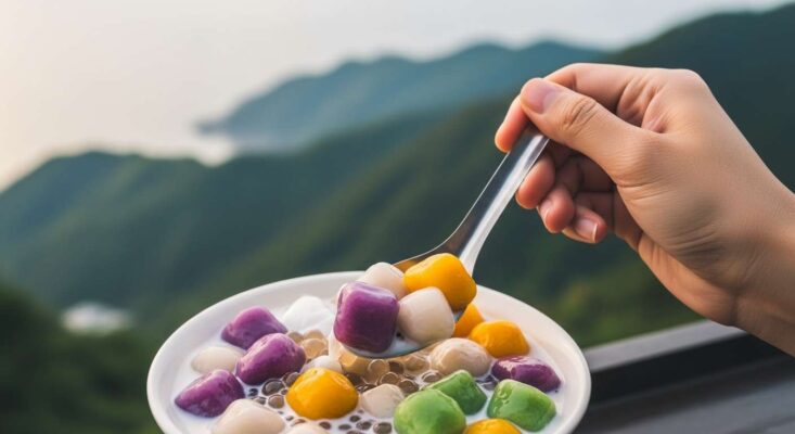Một bát chè khoai dẻo Cửu Phần, phía sau là khung cảnh núi non hùng vĩ.