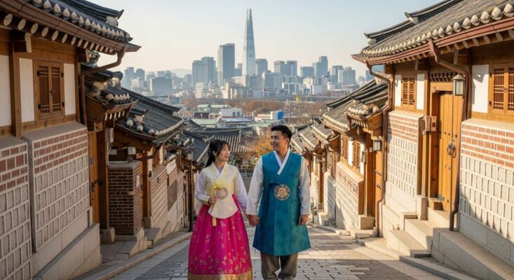 Cặp đôi trẻ mặc Hanbok, đi dạo trên con dốc tại Làng cổ Bukchon Hanok, phía xa là thành phố Seoul.