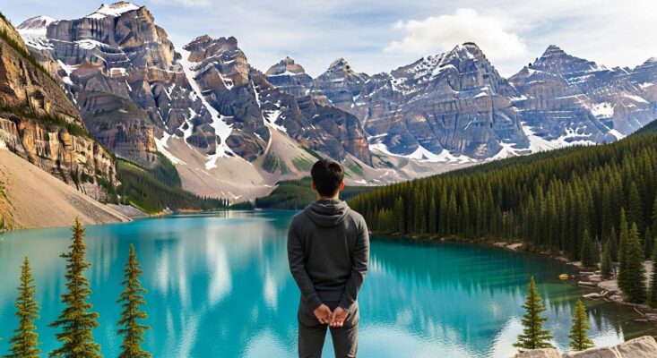 Du khách Việt Nam ngắm nhìn khung cảnh hùng vĩ của hồ Moraine, Canada.
