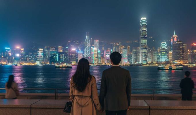 Cặp đôi du khách Việt Nam ngắm nhìn Vịnh Victoria, Hong Kong về đêm.