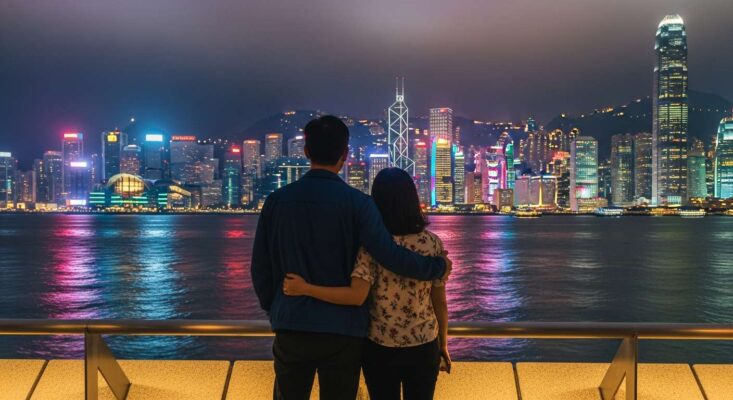 Dịch Vụ Visa Du Lịch Hong Kong Tự Túc Tại TP.HCM – Trọn Gói, Nhanh Chóng, Tỷ Lệ Đậu Cao 98% 8 Cặp đôi du khách Việt Nam ngắm nhìn Vịnh Victoria, Hong Kong về đêm.