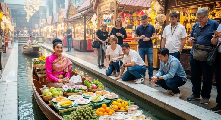 Khu chợ nổi trong nhà SookSiam tại ICONSIAM, Bangkok, tái hiện cảnh mua bán trên thuyền.