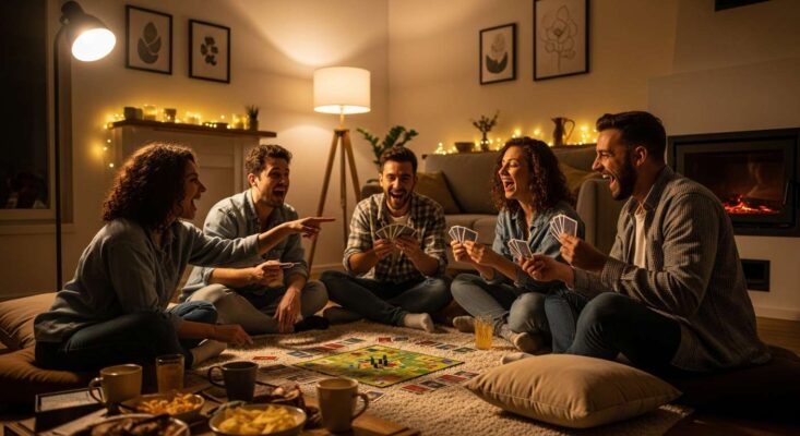Nhóm bạn đang ngồi chơi board game (Ma Sói, Uno) và cười vui vẻ tại homestay.