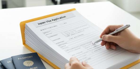 Chuyên viên đang cẩn thận rà soát, sắp xếp hồ sơ xin visa đoàn Nhật Bản, đảm bảo chuẩn Đại sứ quán.