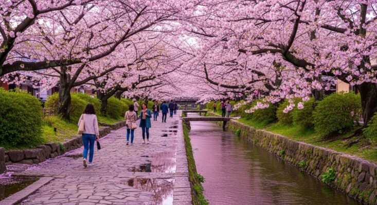 Con đường Triết gia ở Kyoto rợp bóng hoa anh đào, tạo thành một đường hầm màu hồng thơ mộng.