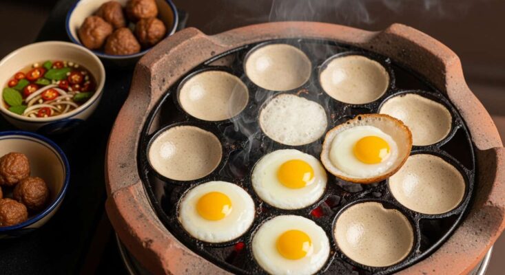Cận cảnh món bánh căn Đà Lạt đang được nướng trong khuôn đất, ăn kèm nước mắm xíu mại.