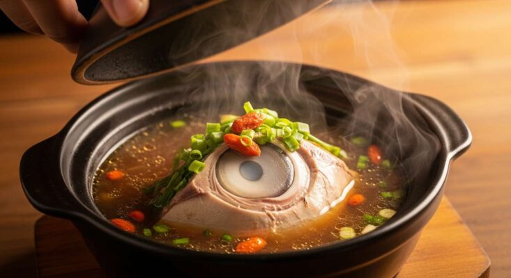 Cận cảnh món mắt cá ngừ đại dương hầm thuốc bắc, đặc sản Phú Yên, đựng trong thố đất.
