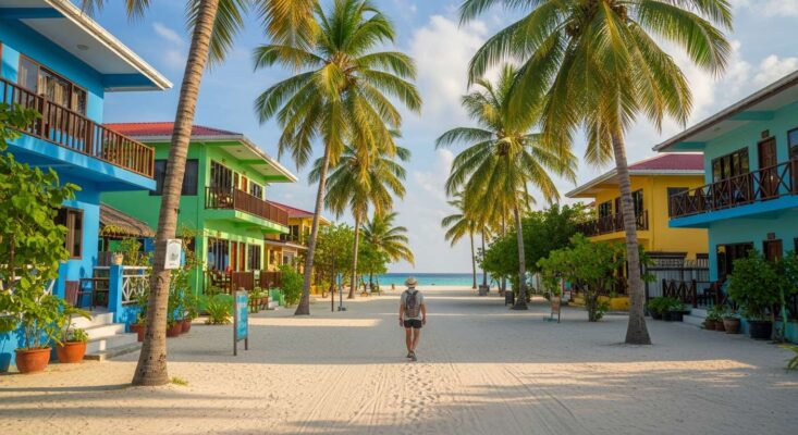 Một góc phố yên bình trên đảo dân sinh Maafushi với đường cát trắng và những nhà nghỉ đầy màu sắc.