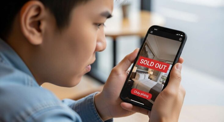 Du khách căng thẳng nhìn điện thoại báo "SOLD OUT" (cháy phòng) khi đặt khách sạn mùa cao điểm.