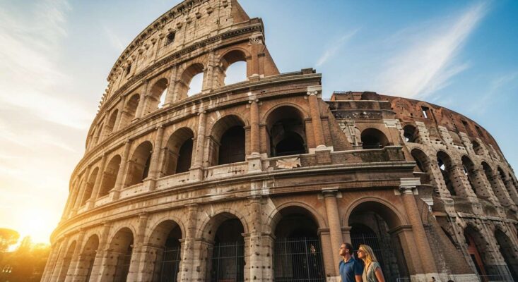 Du khách chiêm ngưỡng Đấu trường Colosseum đồ sộ, cổ kính ở Rome dưới ánh nắng chiều.