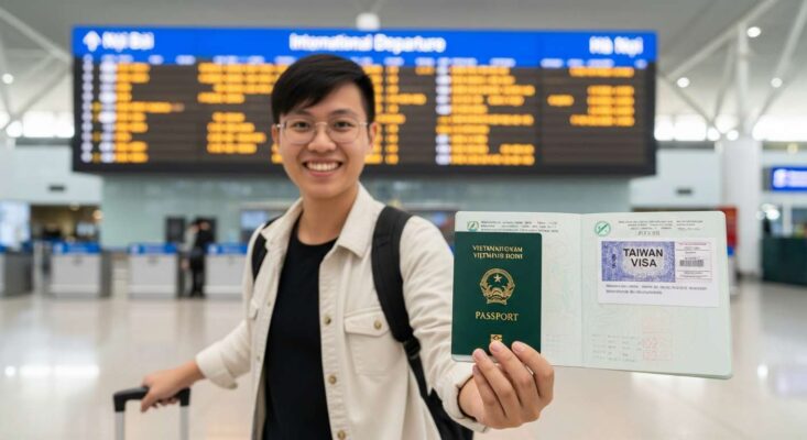 Dịch Vụ Visa Du Lịch Tự Túc Đài Loan Tại Hà Nội – Thủ Tục Đơn Giản, Nhận Visa Chỉ Sau Vài Ngày 8 Người lao động Việt Nam vui mừng cầm hộ chiếu có visa Đài Loan tại sân bay Nội Bài, Hà Nội.