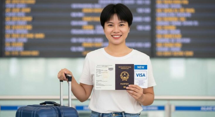 Dịch Vụ Visa Lao Động Đài Loan Hà Nội 2026 - Trọn Gói Hồ Sơ, Tư Vấn Miễn Phí 8 Người lao động Việt Nam vui mừng cầm hộ chiếu có visa Đài Loan tại sân bay Nội Bài, Hà Nội.