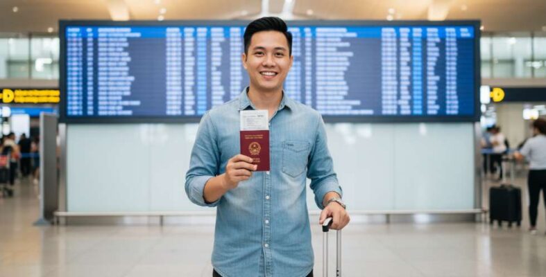 Người lao động Việt Nam vui mừng cầm hộ chiếu có visa Nhật Bản tại sân bay Nội Bài.