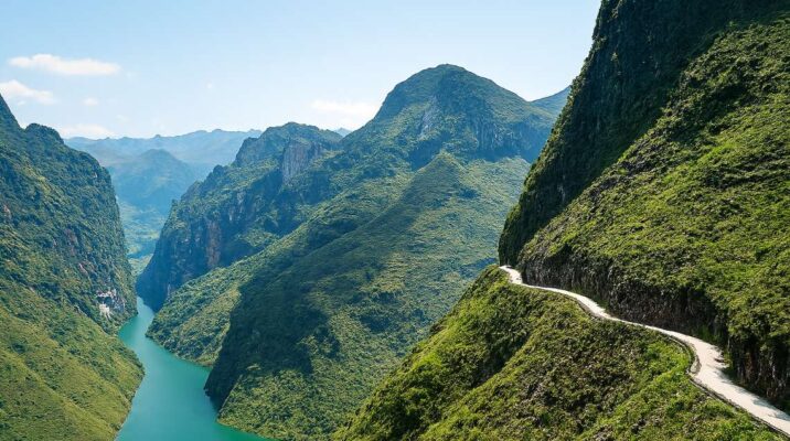 Toàn cảnh Đèo Mã Pí Lèng hùng vĩ với con đường hiểm trở vắt ngang vách núi và dòng sông Nho Quế màu ngọc bích bên dưới.