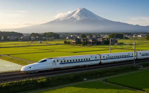 Hình ảnh tàu cao tốc Shinkansen (tàu viên đạn) của Nhật Bản đang di chuyển tốc độ cao, minh họa cho việc sử dụng JR Pass.