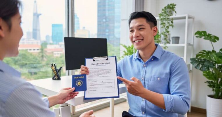 Dịch Vụ Gia Hạn Visa Đài Loan Nhanh - Tỷ Lệ Đậu Cao Tại TPHCM 2026 5 Chuyên viên tư vấn visa Đài Loan tại TPHCM đang tận tình hướng dẫn khách hàng chuẩn bị hồ sơ.