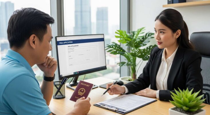 Chuyên viên tư vấn visa Mỹ tại TPHCM đang thẩm định hồ sơ 1-1 cho khách hàng.