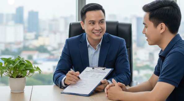Chuyên viên tư vấn đang tận tình hướng dẫn khách hàng về thủ tục gia hạn visa Mỹ tại văn phòng TPHCM.