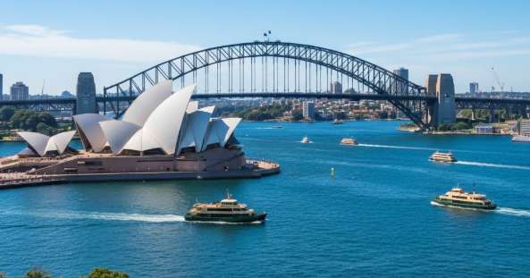 Nhà hát Opera Sydney và Cầu cảng Sydney vào ngày nắng đẹp, biểu tượng nước Úc, minh họa dịch vụ visa Úc tại Hà Nội.