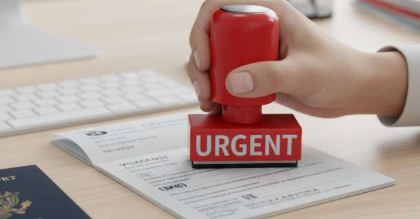 Hộ chiếu được đóng dấu "KHẨN" (URGENT), minh họa cho dịch vụ làm visa Trung Quốc nhanh.