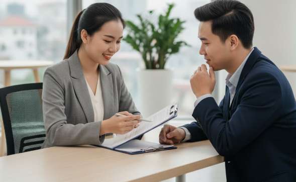 Nhân viên tư vấn dịch vụ gia hạn visa Trung Quốc tại Hà Nội đang tươi cười, giải thích thủ tục cho khách hàng.