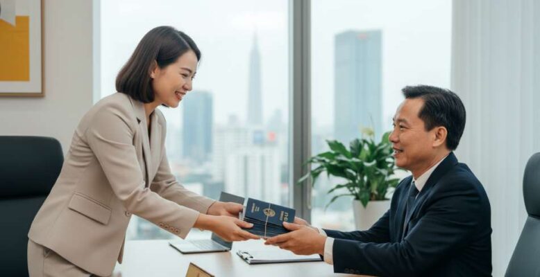 Dịch vụ visa đoàn Hàn Quốc chuyên nghiệp tại TPHCM trao hộ chiếu cho khách hàng.