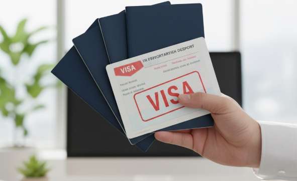 Hình ảnh chuyên viên dịch vụ cầm một xấp hộ chiếu, tượng trưng cho dịch vụ visa đoàn Trung Quốc trọn gói tại TP.HCM.