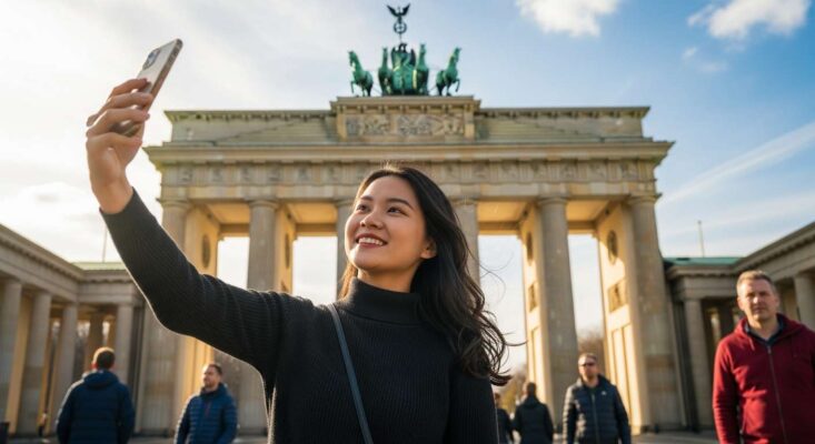 Du khách Việt Nam vui vẻ chụp ảnh tại Cổng Brandenburg, Berlin, Đức.