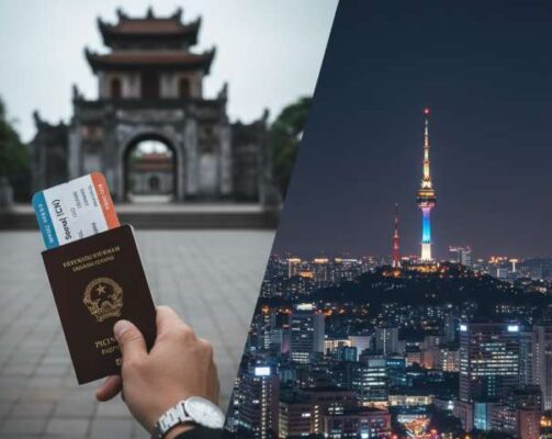 Dịch Vụ Làm Visa Hàn Quốc Khẩn Tại Hà Nội Uy Tín 2026 4 Người cầm hộ chiếu và vé máy bay đi Seoul, thể hiện sự cần thiết visa Hàn Quốc khẩn từ Hà Nội.