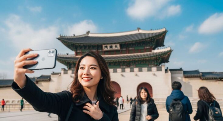 Dịch Vụ Visa Du Lịch Hàn Quốc Tự Túc Tại TP.HCM – Trọn Gói, Có Visa Sau 7 Ngày 4 Du khách Việt Nam vui vẻ chụp ảnh tại Seoul, Hàn Quốc, nhờ dịch vụ visa nhanh tại TPHCM.