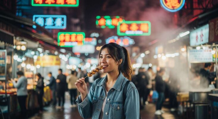 Dịch Vụ Visa Du Lịch Hong Kong Tự Túc Tại TP.HCM – Trọn Gói, Nhanh Chóng, Tỷ Lệ Đậu Cao 98% 5 Du khách Việt Nam vui vẻ thưởng thức ẩm thực đường phố tại chợ đêm Hong Kong.