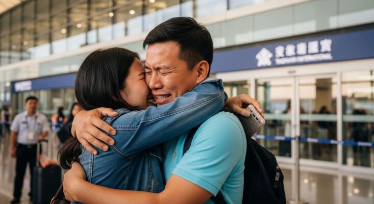Cặp đôi Việt-Đài hạnh phúc đoàn tụ tại sân bay Đài Loan nhờ dịch vụ visa kết hôn tại Hà Nội.