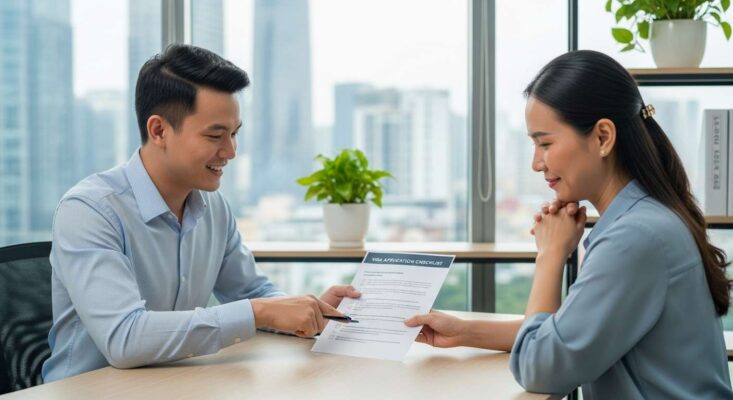 Chuyên viên tư vấn visa Mỹ uy tín tại TPHCM (như Vietmytravel) đang tư vấn 1-1 cho khách hàng.
