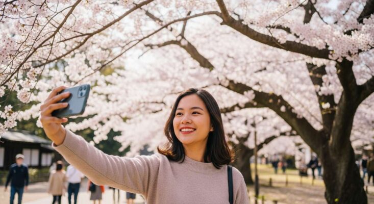 Du khách Việt Nam vui vẻ chụp ảnh selfie dưới cây hoa anh đào tại Nhật Bản.