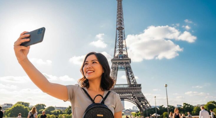 Du khách Việt Nam vui vẻ chụp ảnh selfie tại tháp Eiffel, Paris, nhờ dịch vụ visa Pháp TPHCM.