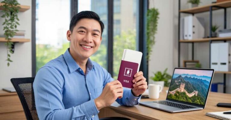 Một khách hàng vui mừng cầm trên tay hộ chiếu đã có visa Trung Quốc, chuẩn bị cho chuyến du lịch.