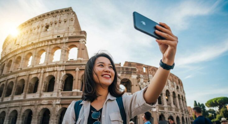 Dịch Vụ Visa Du Lịch Ý Tự Túc Tại Hà Nội – Trọn Gói, Xử Lý Nhanh, Tỷ Lệ Đậu Cao 4 Du khách Việt Nam vui vẻ chụp ảnh tại Đấu trường Colosseum, Ý, nhờ dịch vụ visa Hà Nội.
