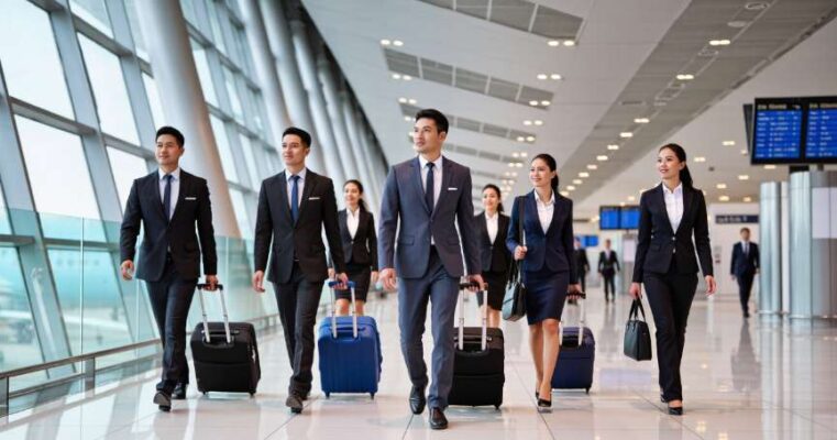 Một đoàn doanh nghiệp Việt Nam đi công tác Trung Quốc tại sân bay, nhờ dịch vụ visa đoàn.